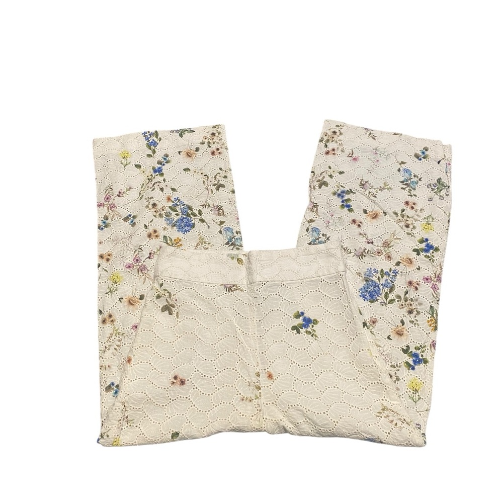 ZARA Floral Printed Culottes Embroidered Cut Out Cropped Pants Trousers Cream - Picture 6 of 9